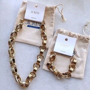 J.Crew Factory Gold Tone Chunky Ribbed Textured Link Necklace & Bracelet Set NEW
